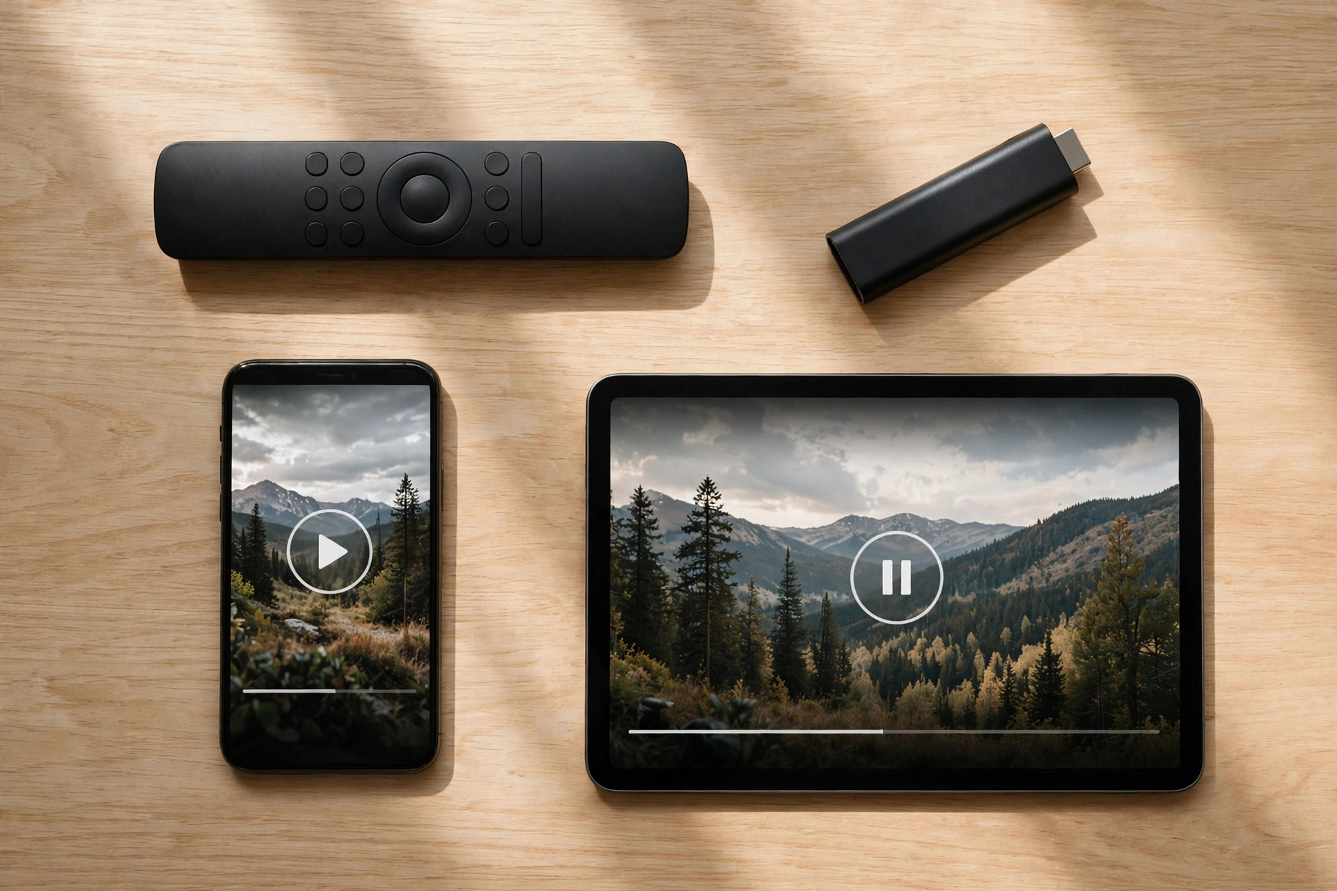 Streaming devices for IPTV: remote, streaming stick, phone and tablet